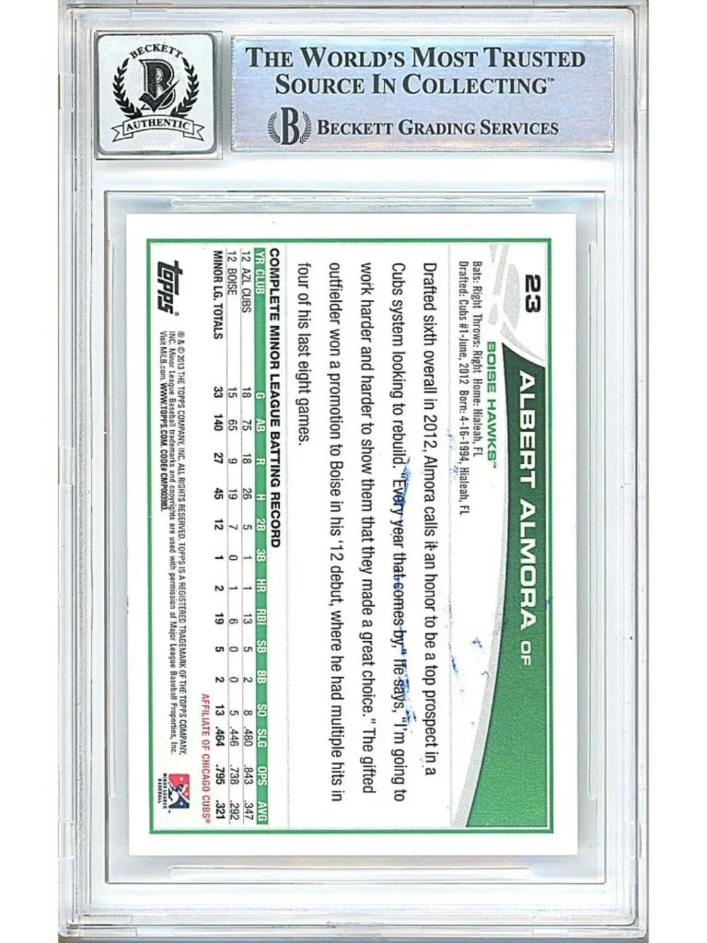 Albert Almora Signed 2013 Topps Pro Debut #23 Chicago Cubs BAS Slab BGS Auto 10